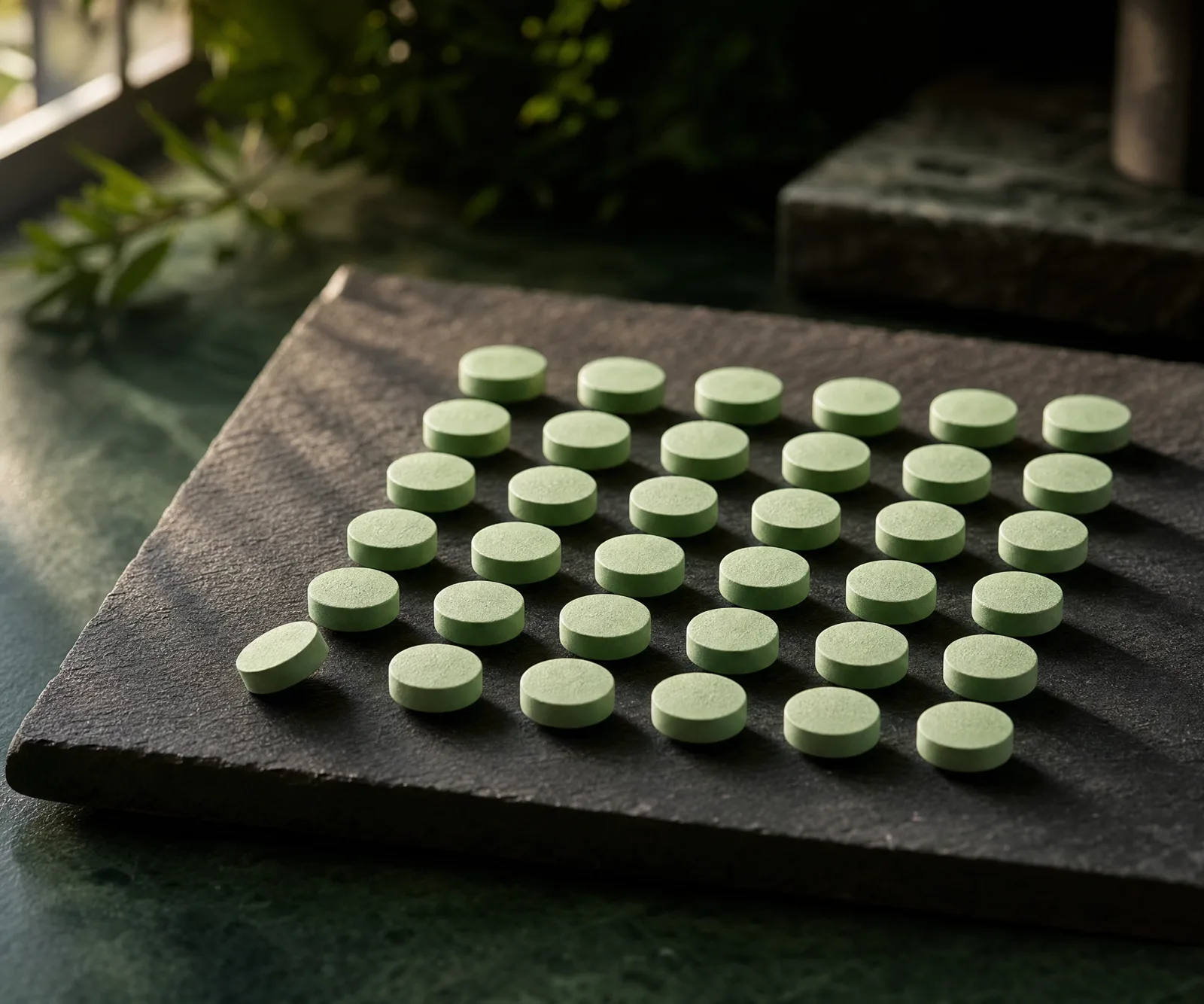 Thirty mint Epiq chews laid out in rows on dark slate in morning light