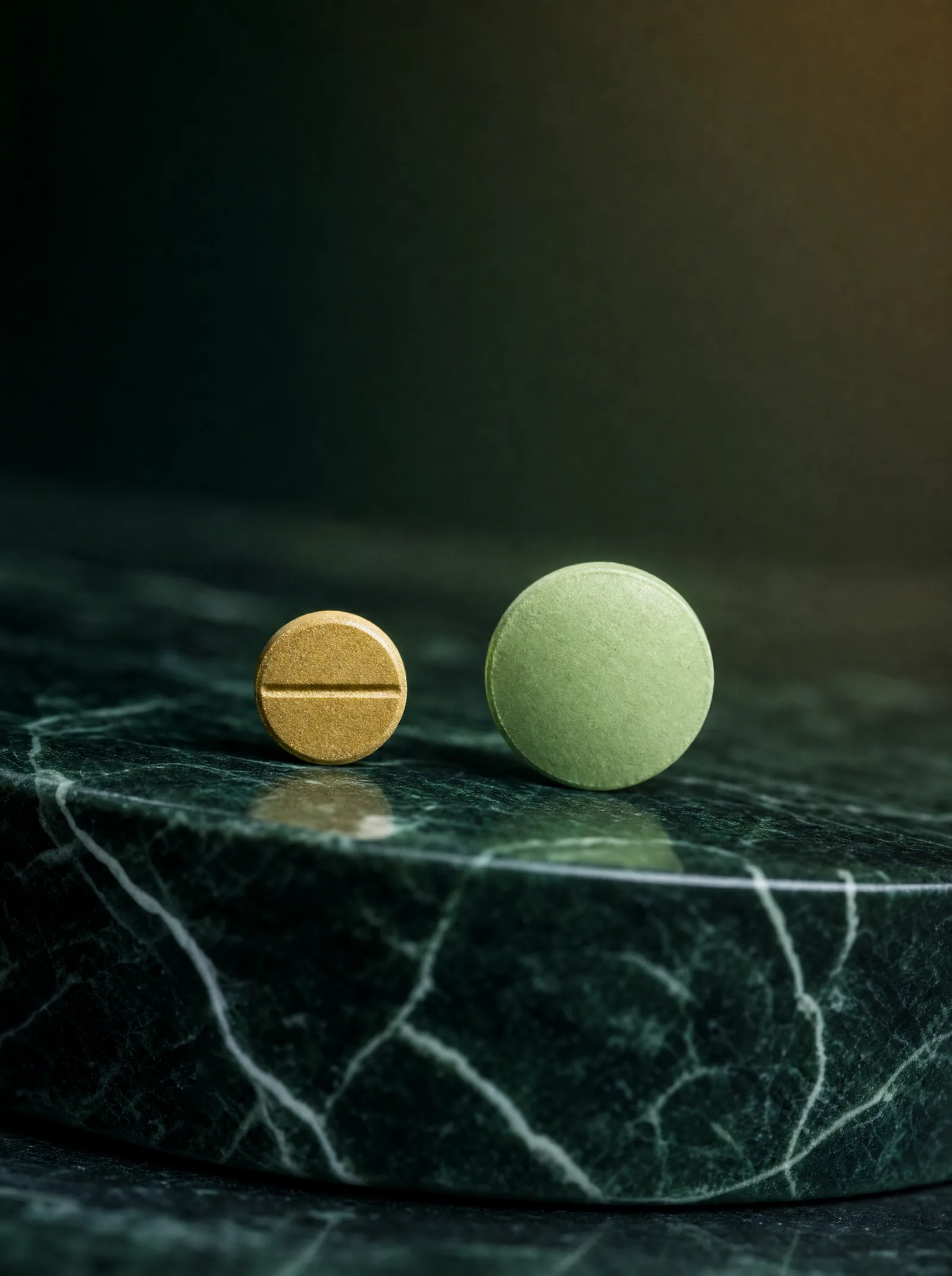 A gold on-demand tablet beside a mint Epiq chew on dark green marble